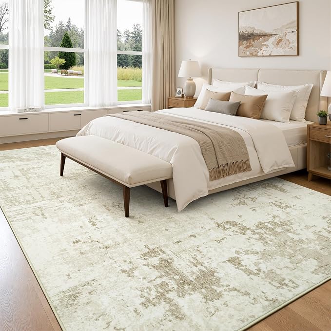 Rugflix 5x7 Area Rugs for Living Room, Washable Linen Beige Large Rug | Machine Washable; Stain-Resistant; Low Pile; Non-Slip; Modern Abstract; Carpet for Bedroom Dining Office Nursery Home
