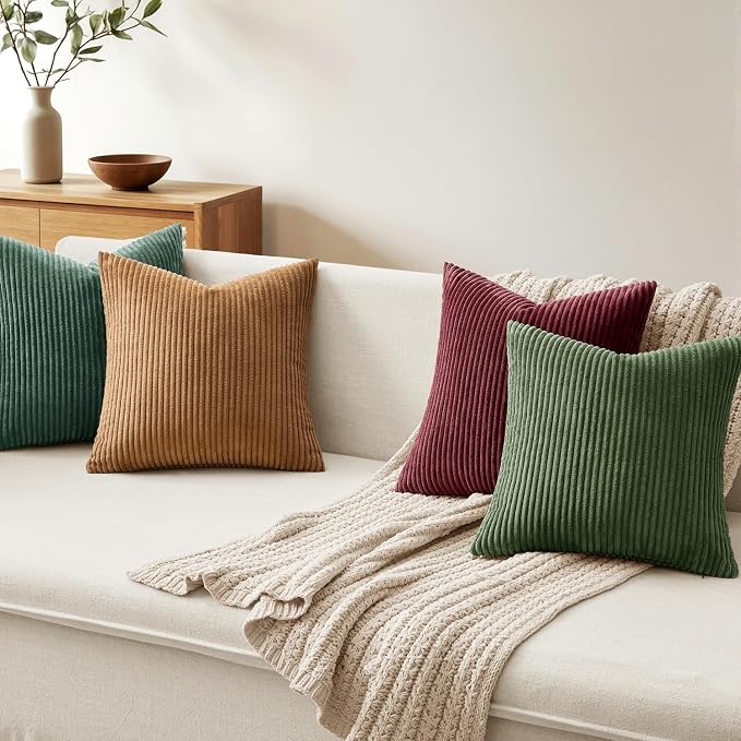 MIULEE Soft Corduroy Decorative Throw Pillow Covers Christmas Green 22x22 | Set of 4, Mordern Nordic Christmas Decor, Green Red Accent Set, Boho Farmhouse Cushion Covers for Couch Bed Sofa Living Room
