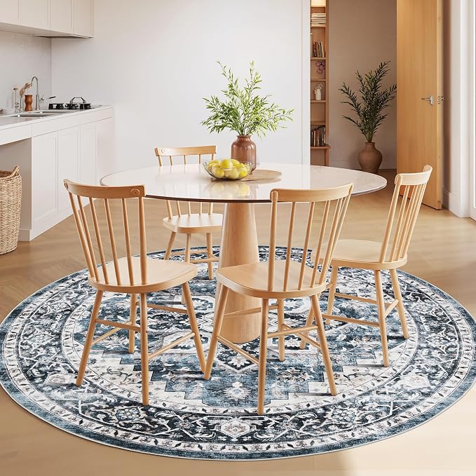 AMADA HOMEFURNISHING Round 4ft Area Rugs, Low-Profile Washable Rug with Non-Slip Backing & Durable Edge Binding, Vintage Rugs for Living Room, Bedroom, Dinning Room