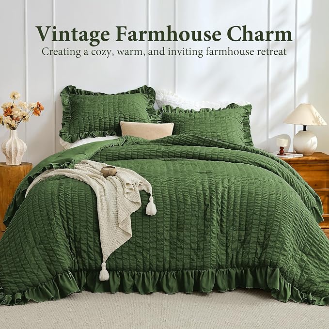 JOLLYVOGUE Dark Green Twin/Twin XL Comforter Set, 2 Pieces Seersucker Lightweight Fluffy Bedding Set, Twin Ruffle Comforter, All Season Soft Microfiber Shabby Chic Bed Set