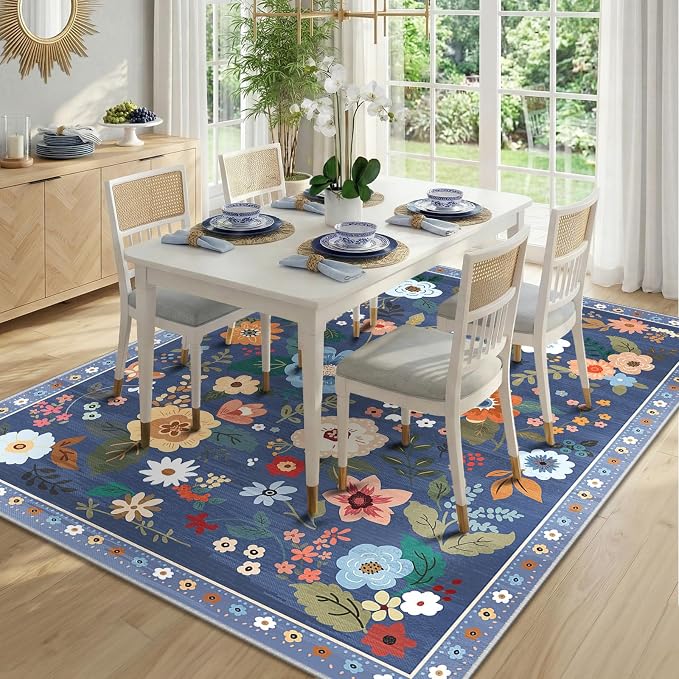 RELEANY Floral Washable 8x10 Area Rugs Blue/Grey | Flower Carpet, Print, Boho, Non-Slip, Easy to Clean, Soft, Low Pile for Living Room Bedroom Kitchen Office Entryway Hallway