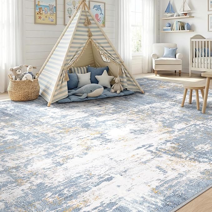 RELEANY Washable 8'x10' Abstract Area Rug for Living Room Light Blue | Carpet for Bedroom, Kitchen, Office, Hallway and Entryway, Printed Pattern, Non‑Slip, Soft, Stain‑Resistant, Easy to Clean