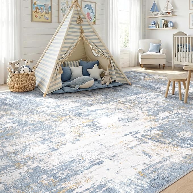 RELEANY Washable 9'x12' Abstract Area Rug for Living Room Light Blue | Carpet for Bedroom, Kitchen, Office, Hallway and Entryway, Printed Pattern, Non‑Slip, Soft, Stain‑Resistant, Easy to Clean