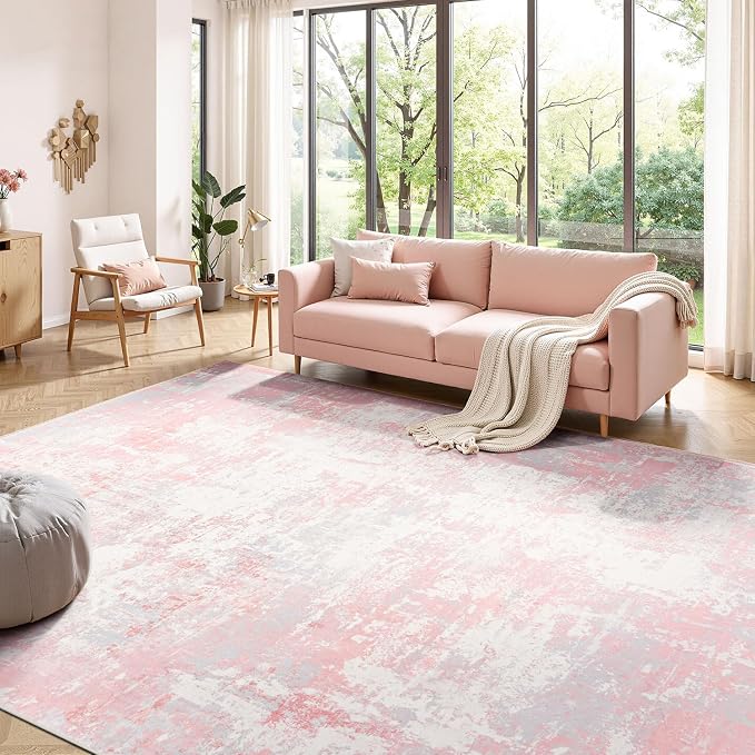 Rugflix 8x10 Area Rugs for Bedroom, Washable Pink Large Rug | Machine Washable; Stain-Resistant; Low Pile; Non-Slip; Modern Abstract; Carpet for Nursery Girls Room Living Office Home