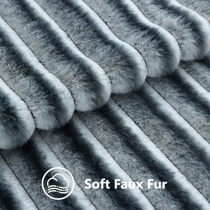 decorUhome Fall Faux Fur Throw Pillow Covers 18x18 Set of 2 Blue Grey | Decorative Soft Cozy Striped Plush Modern Farmhouse Boho Couch Pillow Cases Velvet Back for Sofa Bed Living Room Home Decor