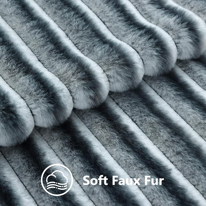 decorUhome Fall Faux Fur Throw Pillow Covers 16x16 Set of 2 Blue Grey | Decorative Soft Cozy Striped Plush Modern Farmhouse Boho Couch Pillow Cases Velvet Back for Sofa Bed Living Room Home Decor