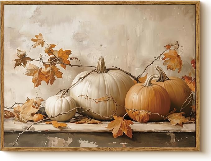 WHASAYART Vintage Pumpkin Thanksgiving Wall Art 12x16 Framed Canvas Print with Fall Leaves, Rustic Autumn Season Painting, Cozy Harvest Dining Room Kitchen Farmhouse Decor