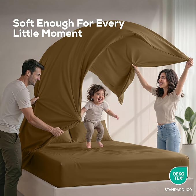 Full Sheets Set, 4 Pieces 16" Deep Pocket Hotel Luxury Bed Sheets, Mocha | Extra Soft Bedsheet Set, Comfy & Breathable Cooling Sheets, Wrinkle & Fade Resistant, Fitted Sheet, Flat Sheet, 2 Pillowcases