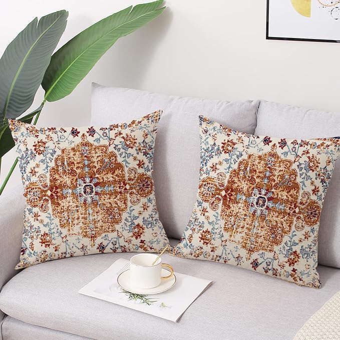 Waterproof Throw Pillow Covers 16X16 Inch Set of 2 Bohemian Vintage Carpet Pattern Brown Blue Ethnic Design Decorative Farmhouse for Couch Garden Balcony (Boho-3-1)