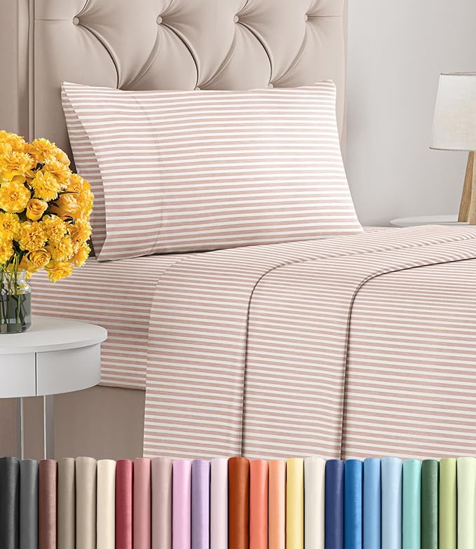 Twin Size 3 Piece Sheet Set - Ultra Soft & Cooling Sheets - Blush Stripes 1 | Fits 8 Inch to 16 inch Mattress, Wrinkle Free & Fade Resistant with Deep Pockets, Breathable, Comfy Hotel Luxury Bedding