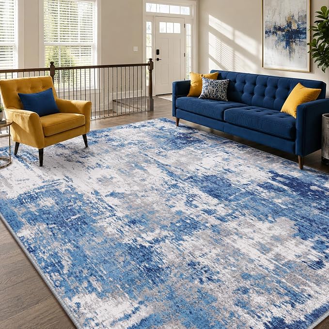 RELEANY Washable 8'x10' Abstract Area Rug for Living Room Blue Gray | Carpet for Bedroom, Kitchen, Office, Hallway and Entryway, Printed Pattern, Non‑Slip, Soft, Stain‑Resistant, Easy to Clean