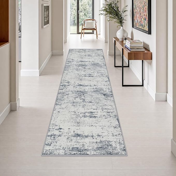 2.6x10 Washable Runner Rug:Modern Abstract Soft Carpet Blue Grey | For Hallway, Bedroom, Kitchen, Laundry, Bathroom,Door Mat,Modern Abstract,Machine washable,Non-Slip,Stain Resistant,Indoor