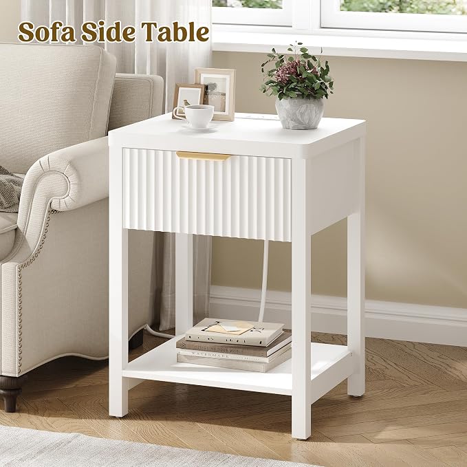 Night Stand Set 1, Fluted Wood Bedside Table w/Socket Station for Bedroom | White, Storage Drawer, Open Shelf, Metal Silent Rails, Round Corners, Modern Fluted Panel, Living Room, Bedside Table