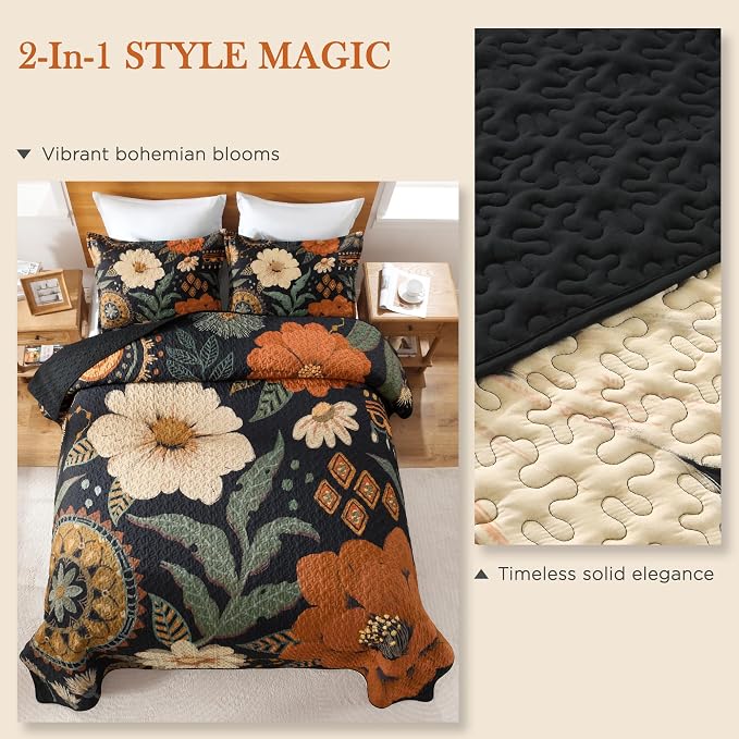 Quilt Queen Size, Black Floral Boho Summer Bedspread 3 Pieces | Brown Flower Botanical Summer Bedspreads with 2 Shams, Reversible Polyester Coverlet Set for All Seasons, 96"x90"