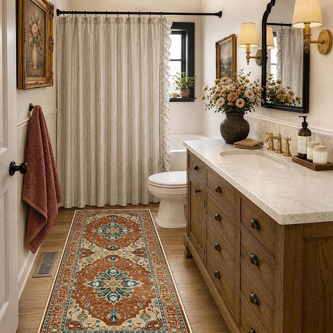 RELEANY Washable Area Rug, Runner 2'x6', Red/Orange/Blue/Brown | Non-Slip, Water Repellent, Pet Friendly, Easy to Clean, Vintage Floral Boho Decor for Kitchen Entry Bedroom Bedside Laundry