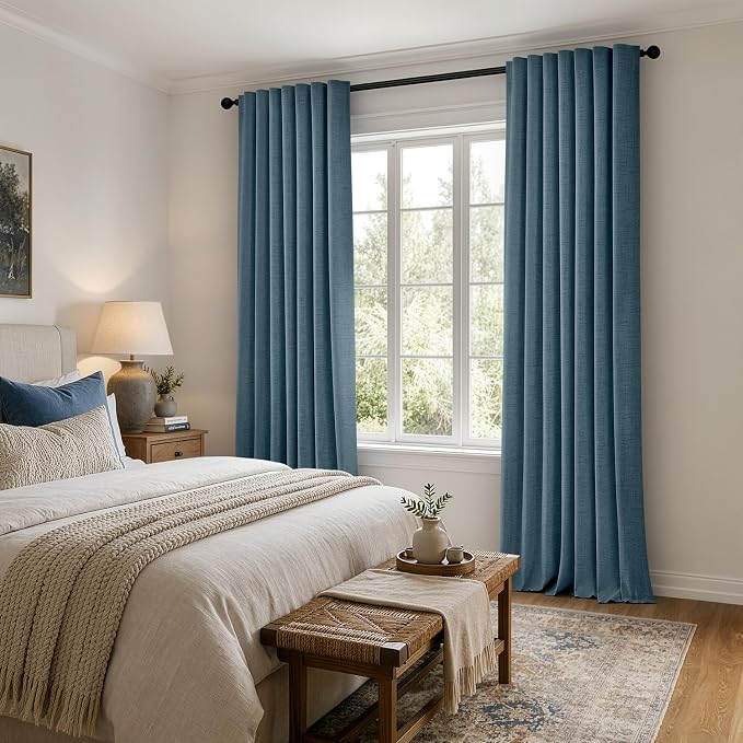 MIULEE 100% Blackout Linen Curtains 42 x 90 Inch Stone Blue 2 Panels | Thermal Insulated, Room Darkening Drapes for Bedroom Living Room, Back Tab Rod Pocket Pinch Pleated, Solid Luxury Decor