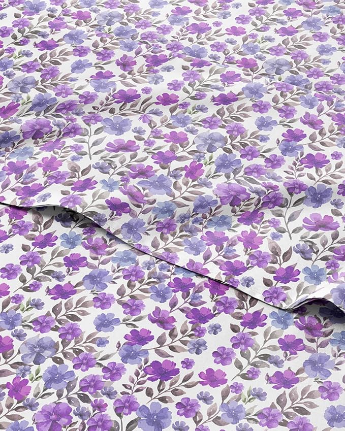 Full 4 Piece Floral Sheet Set - Soft, Breathable & Cooling - Purple Bloom | 1 Flat, 1 Fitted & 2 Pillowcases w/ Deep Pockets, Boho Botanical Floral Bedding, Breathable & Cooling, Wrinkle & Fade Free