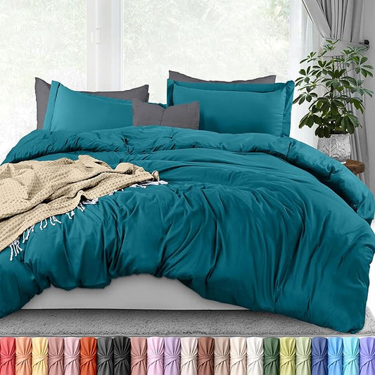 Duvet Cover Queen, 3 PC Cotton Like PolyesteR, Zipper Closure, Denim Blue | Extra Soft and Breathable, Wrinkle & Fade Resistant, Includes Duvet Cover and 2 Pillow Shams, Comforter Not Included, OekoTex