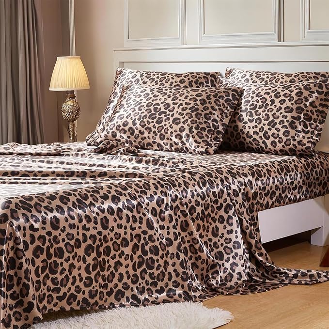 MR&HM Satin Sheets Queen Size with Elastic Corner Straps, Brown Leopard | Similar to Silk, 6-Piece Silky Soft Bed Sheet Set, Gentle on Skin and Hair, 15" Deep Pocket, Cooling & Breathable