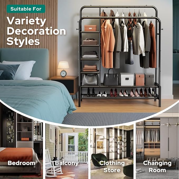 Clothes Rack with Shelves, Double Rods Clothing Rack for Bedroom, Black | Metal Garment Rack for Hanging Clothes, 2 Bottom Shelves & 4 Side Shelves, 220 LBS Clothes Racks for Laundry Room, Dorm Room