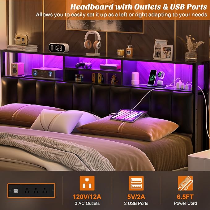 Aheaplus Headboard for King Size Bed with Storage, Upholstered Headboards | with Outlets, USB Ports and LED Light, Reversible King Size Head Board, Height Adjustable, Comfortable Headboard, Black