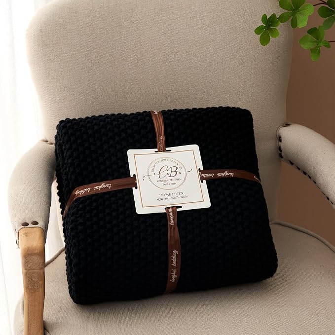 Chunky Cable Knit Throw Blanket Lightweight Black 100% Organic Cotton Blanket for Sofa Couch Bed Baby Nursery, Rustic Shabby Chic Modern Farmhouse, 51” x 63” Give Laundering Bag