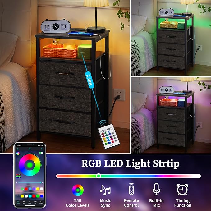 Yoobure Night Stand with Charging Station, 3 Fabric Drawers Nightstand, Bedside Tables with Storage Shelf, End Table with 16 Colors LED, Small Dresser for Small Space, Gray | 16 Colors Bedside Table with 3 Fabric Drawers & Storage Shelf, End Table with...