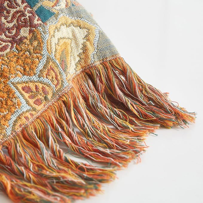 Boho Throw Blanket for Couch Sofa Bed, 100% Cotton Woven Quilt with Tassel 90”x98”, Super Soft Muslin Blanket with Floral Printed, Decorative Reversible Bed Blanket/Cover for All Seasons