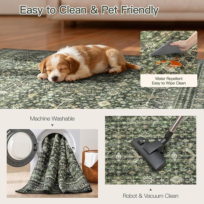 4x6 Area Rugs for Entryway, Green Washable Non-Slip Area Rug for Kitchen | Low Pile Soft Small Rugs, Vintage-Style Carpet for Bathroom Bedroom Tool Room, Stain Resistant Foldable Distressed Rug