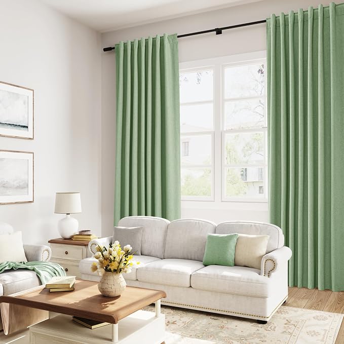 Blackout Curtains 80 Inch Length 2 Panels Set for Living Room Bedroom Back Tab Thermal Insulated 100% Black Out Linen Drapes Room Darkening Window Curtains 80 Inches Long,Light Sage