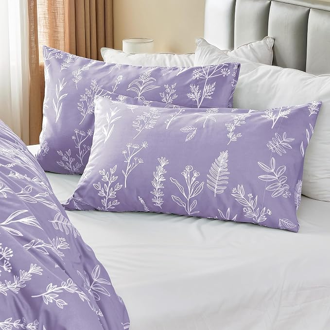 MUXHOMO Duvet Cover Queen Size, Reversible Floral Lavender Duvet Cover Set with Zipper Closure, 3 Pieces Botanical Patterns Soft Microfiber Bedding Set with 4 Ties (90"x90", 2 Pillow Cases)