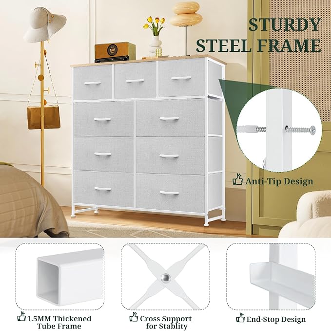 9-Drawer Dresser for Bedroom, Anti-Tip Tall Storage Organizer | Chest of Drawers with Wooden Top and Metal Frame Fabric Bins for Closet, Living Room, Hallway, Entryway, Light Gray