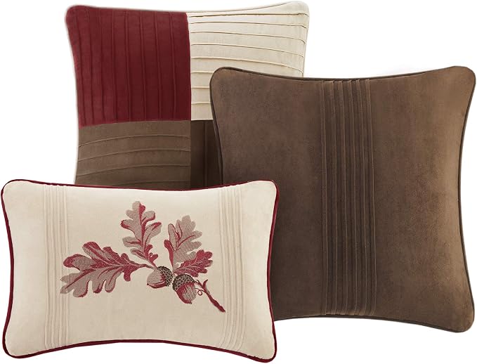Madison Park Casual Blocks Comforter Set, 7PC Cal King Bedding Set | All Season, with Comforter, Shams, Bed Skirt, Decorative Pillows, Red Brown, Red