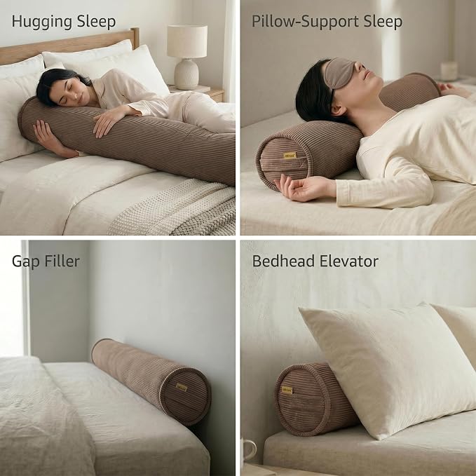 Corduroy Body Pillow for Side Sleepers, Full Body Support Cylinder Bolster Pillow for Adults, Cozy Hugging Pillow for Relaxing Sleep, 59 x 7.87 Inches, Chocolate