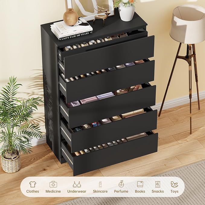 Dresser for Bedroom with 5 Drawers, 14.2" D x 31.5" W x 47.3" H, Black | Modern Chest of Drawers with Hidden Drawer,Wood Storage Dresser, Storage Organizer for Living Room, Closet, Hallway