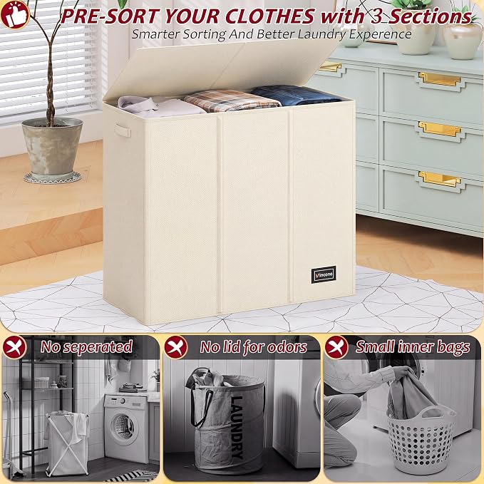 220L Laundry Hamper 3 Section,Large Laundry Hamper with Lid,Dirty Clothes Hamper with 3 Inner Bags,Collapsible Laundry Basket Organizer for Laundry Room,Bedroom,Laundry Sorter Hamper 3 Compartment