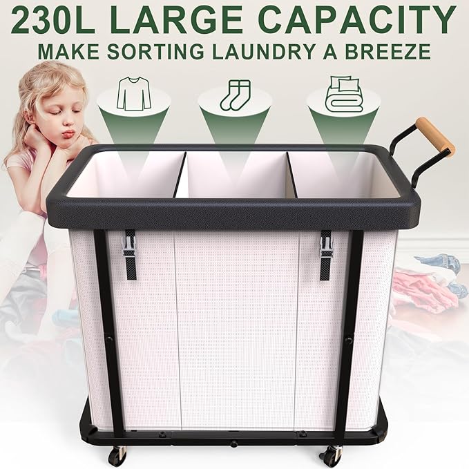Laundry Hamper 3 Section,230L Rolling Dirty Clothes Hamper White | Laundry Basket with Wheels & Lid,Laundry Organizer Storage Cart with Metal Frame and Wooden Handle for Laundry Room, Hotel