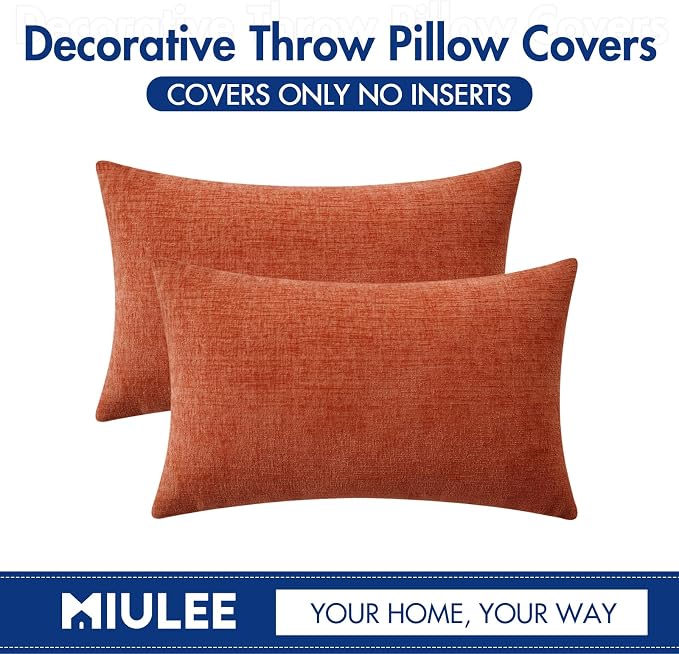 MIULEE Soft Chenille Fall Lumbar Throw Pillow Covers Burnt Orange 12x20 | Pack of 2, Modern Fall Decor, Classic Decorative Pillows, Solid Dyed Cases, Couch Cushion Covers for Sofa Bed Living Room