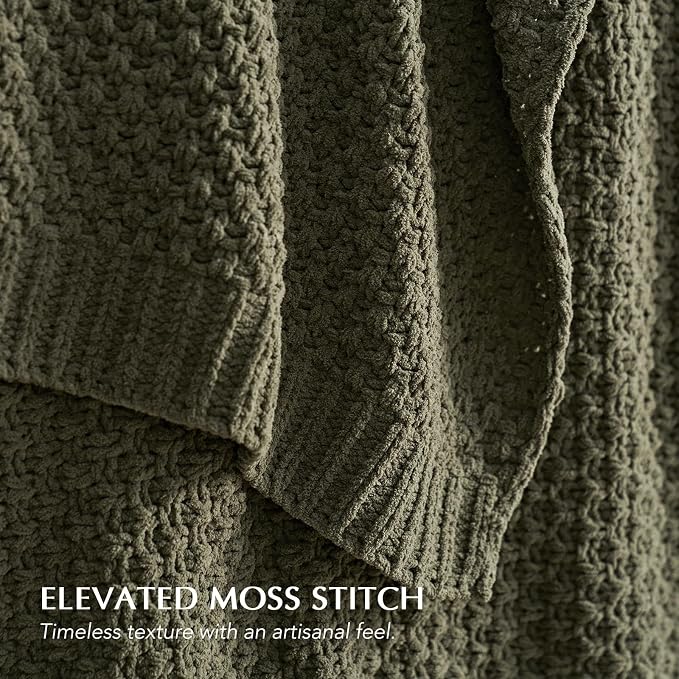 EVERGRACEHOME Chunky Chenille Knit Throw Blanket, 108x92, Olive Green | Sculpted Moss Stitch, Chic Modern Farmhouse, All-Season Warmth, OEKO-TEX® Certified, Oversized King for Couch, Bed, Sofa