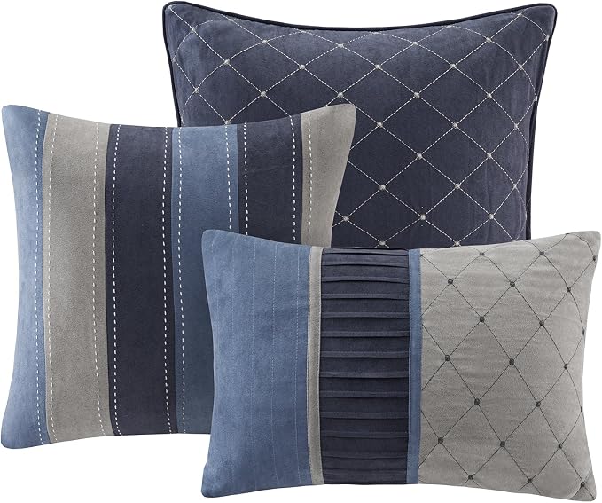 Madison Park Casual Modern Comforter Set, 7PC Queen Bedding Set | All Season Bedding with Comforter, Matching Bed Skirt, Decorative Pillows, Shams, Navy