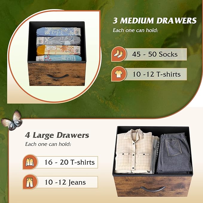 WLIVE Dresser for Bedroom, 7 Drawers, TV Stand, Rustic Brown Wood Grain | 7 roomy fabric drawers, Fits TVs up to 45 inch, Bedroom or living room, Wide storage design, Chest of drawers