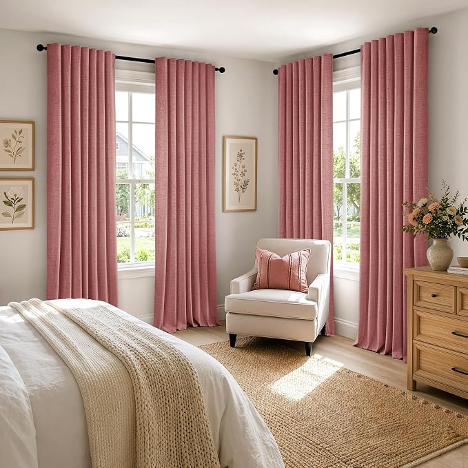 MIULEE 100% Blackout Linen Curtains 42 x 96 Inch Dusty Rose Pink 2 Panels | Thermal Insulated, Room Darkening Drapes for Bedroom Living Room, Back Tab Rod Pocket Pinch Pleated, Solid Luxury Decor