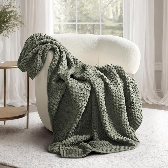 EVERGRACEHOME Chunky Chenille Knit Throw Blanket, 50x60, Dried Thyme Green | Sculpted Moss Stitch, Chic Modern Farmhouse, All-Season Warmth, OEKO-TEX® Certified, Elegant Blanket for Couch, Bed, Sofa