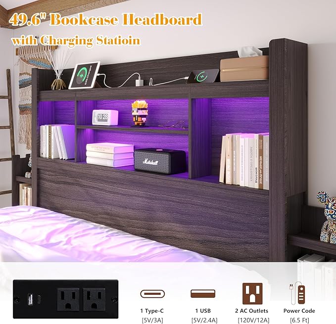 LUXOAK Full Bed Frame with Storage, Bookcase Headboard, Black | 49.6" Headboard, Wood Platform Bed, Charging Station, Bedside Storage, 4 Storage Drawers, No Box Spring Needed, Farmhouse