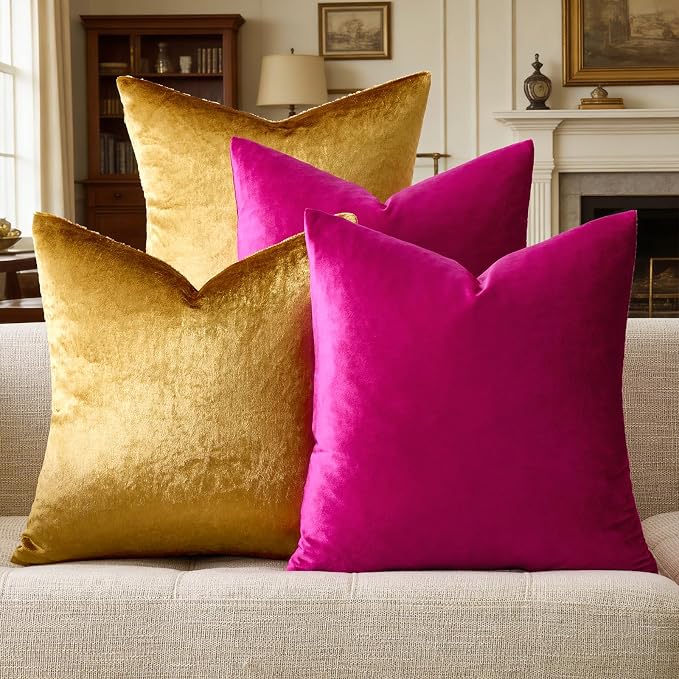 GIGIZAZA Pack of 4 Decorative Velvet Pillow Covers 18x18 Hot Pink Gold | Throw Pillows for Couch Sofa,280gsm Soft Textured Fabric,Modern Accent Pillowcases,Luxury Living Room Cushion Covers
