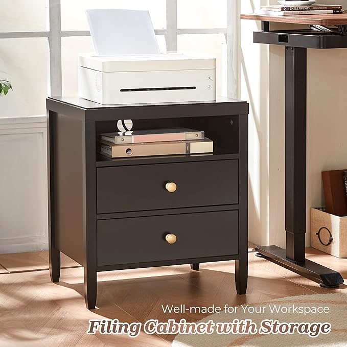 Huuger Nightstand with Charging Station, Black Nightstand with 2 Drawers | Bed Side Table for Bedroom, Bedside Table with Storage, Modern Nightstands, Metal Knobs, Painted Surface