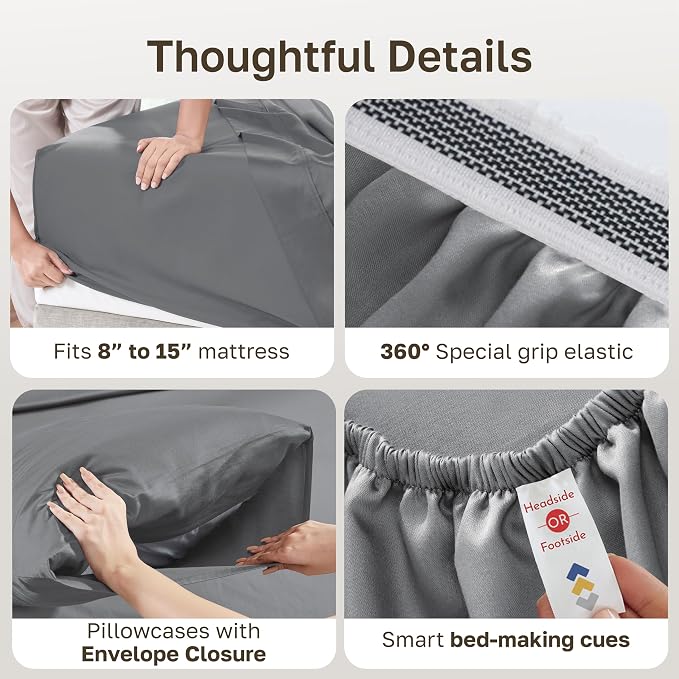 California Design Den Certified 100% Egyptian Cotton Full Sheets Set | Backed by Good Housekeeping Seal, Light & Airy Soft Sateen, 15" Deep Pocket, All-Around Elastic, 4pc Set - Ultimate Grey