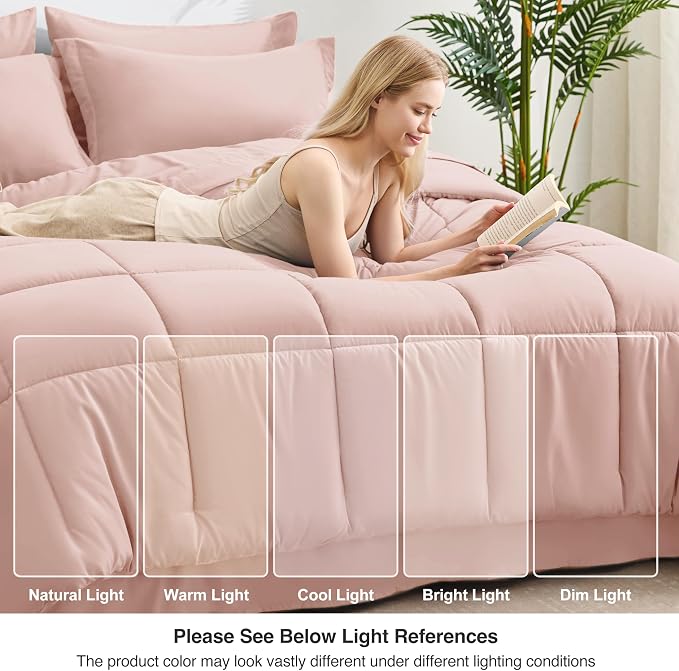 Love's cabin Full Comforter Set Blush Pink, 7 Pieces Full Bed in a Bag, All Season Bedding Sets with 1 Comforter, 1 Flat Sheet, 1 Fitted Sheet, 2 Pillowcase and 2 Pillow Sham