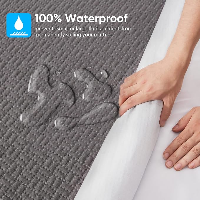 Hanherry 100% Waterproof Queen Size Mattress Protector, Grey, Rayon Made from Bamboo Terry Surface, 3D Air Fabric, 16 inch Deep Pocket, Cooling, Noiseless, Smooth, Breathable, Fits 21 inches