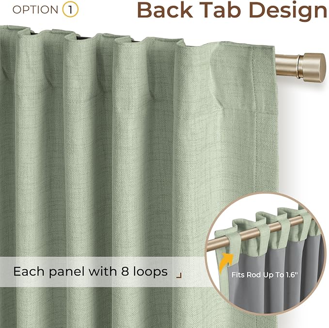 INOVADAY 100% Blackout Linen Curtains for Bedroom 50x84 Inches Sage Green | Linen Textured, Light Blocking, Room Darkening, Thermal Insulated, Back Tab Top, Window Curtains for Living Room, 2 Panels